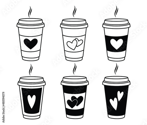 Set of cups of coffee. Collection of stylized coffee to go cups with heart. Vector illustration of hot drinks. Logotype for coffee house.
