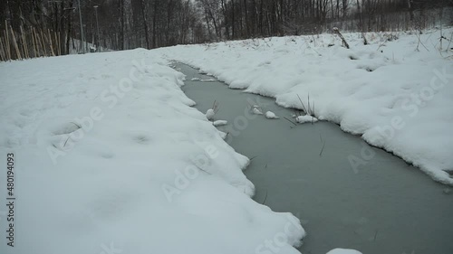 river freezes in winter in Gorowo, Bartoszyce County, Warmian-Masurian Voivodeship, Poland photo