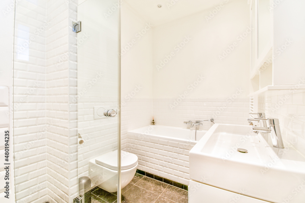 Interior of bathroom with shower cabin Interior of bathroom with shower cabin