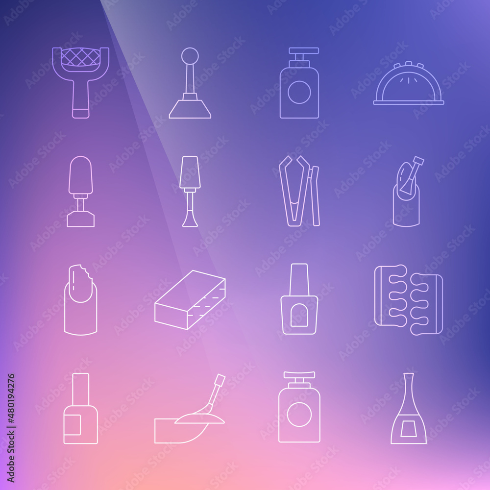 Set line Bottle of nail polish, Toe separator for pedicure, Nail manicure, Tube hand cream, Milling cutter, file and icon. Vector Set line Bottle of nail polish, Toe separator for pedicure, Nail manicure, Tube hand cream, Milling cutter, file and icon. Vector