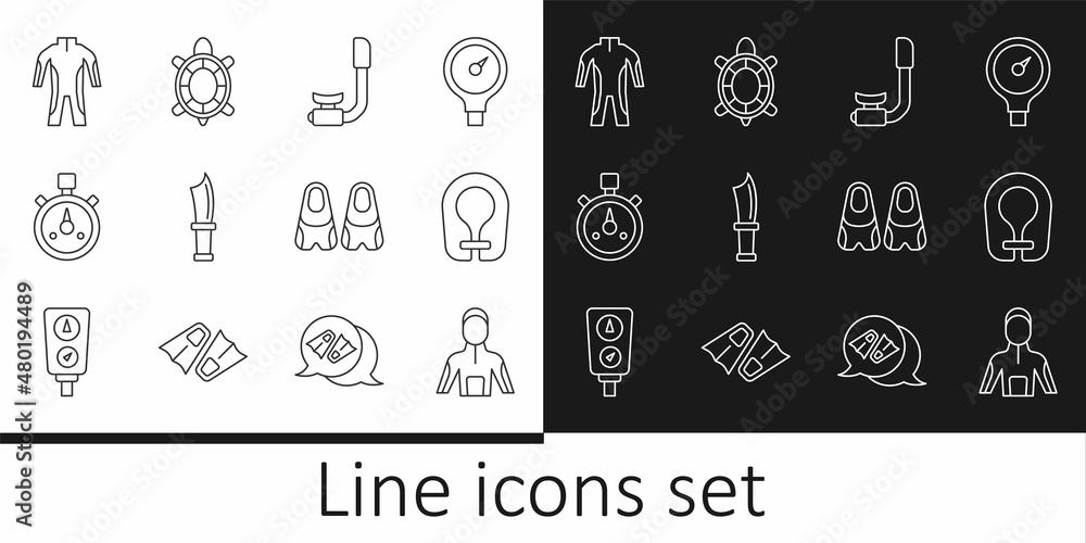 Set line Wetsuit for scuba diving, Life jacket, Snorkel, Diving knife, Stopwatch, Flippers swimming and Turtle icon. Vector