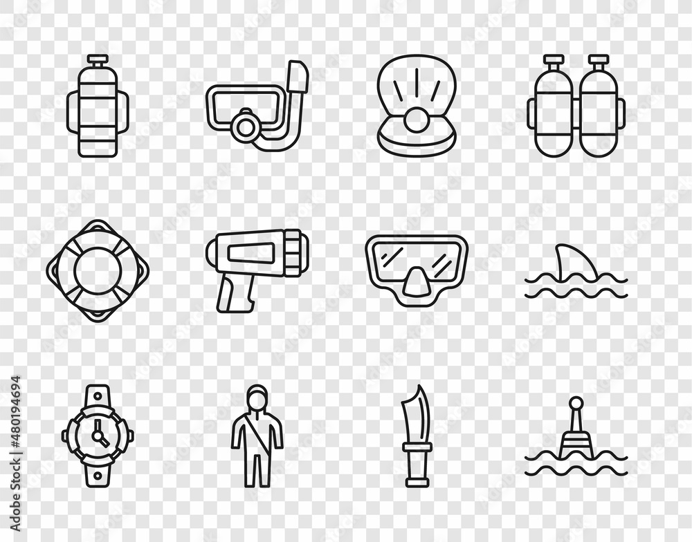 Set line Diving watch, Floating buoy, Pearl, Wetsuit for scuba diving, Aqualung, Flashlight diver, knife and Shark icon. Vector Set line Diving watch, Floating buoy, Pearl, Wetsuit for scuba diving, Aqualung, Flashlight diver, knife and Shark icon. Vector