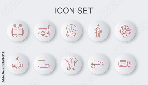 Set line Flashlight for diver, Anchor, Pearl, Fishing harpoon, Aqualung, Diving mask with snorkel, Boots and Wetsuit scuba diving icon. Vector