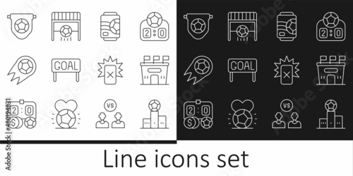 Set line Award over sports winner podium, Football stadium, Beer can, Goal soccer football, Soccer, flag pennant, Red card and goal with icon. Vector