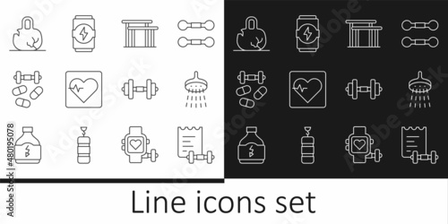 Set line Sport training program, Shower, Uneven bars, Heart rate, Sports doping with dumbbell, Broken weight, Dumbbell and Energy drink icon. Vector