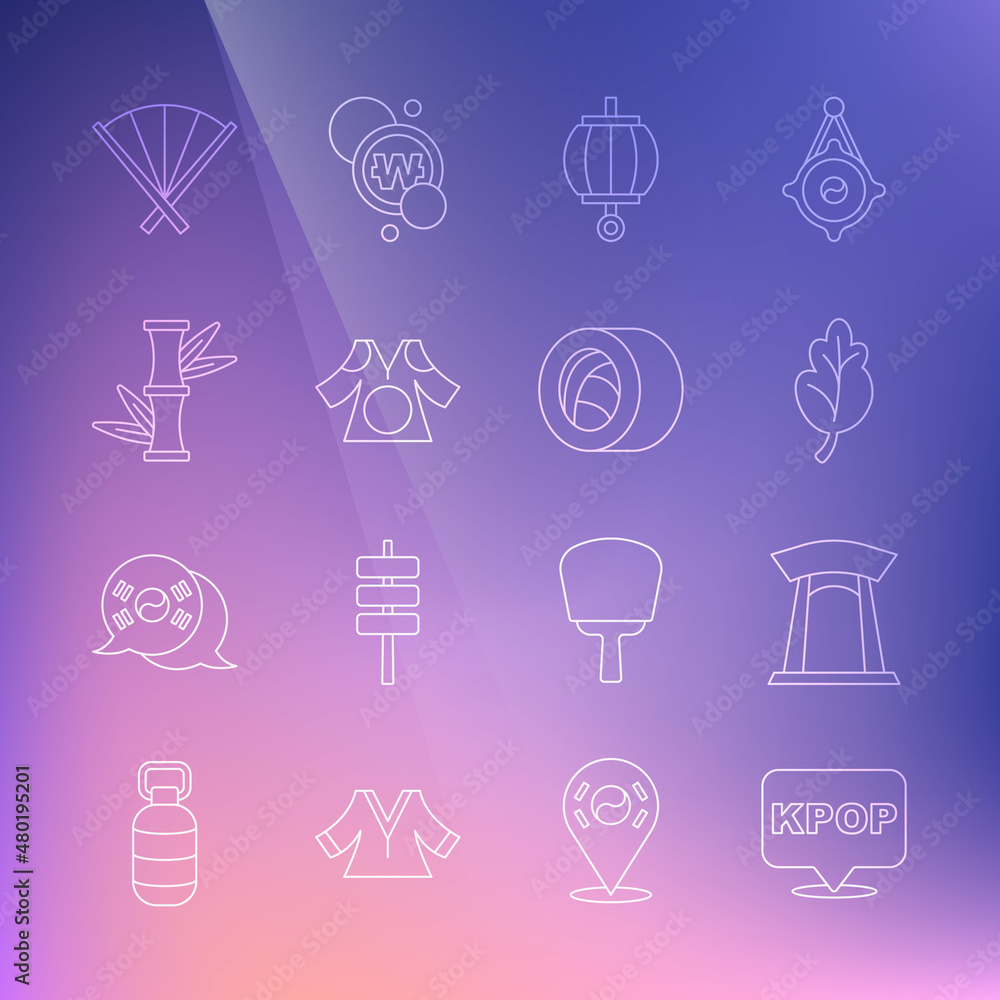 Set line K-pop, Korean gate, Kimchi, lantern, Kimono, Bamboo, Traditional fan and Sushi icon. Vector Set line K-pop, Korean gate, Kimchi, lantern, Kimono, Bamboo, Traditional fan and Sushi icon. Vector