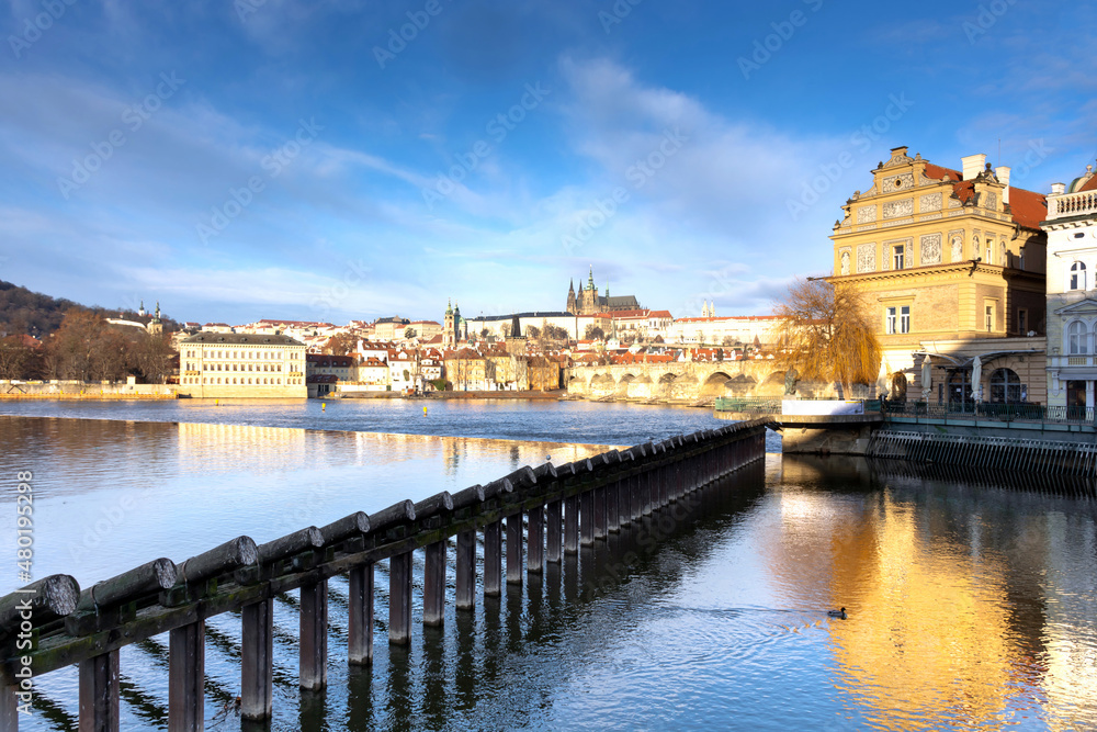 Prague in the morning, view of the Vitus Cathedral against the blue sky, cityscape