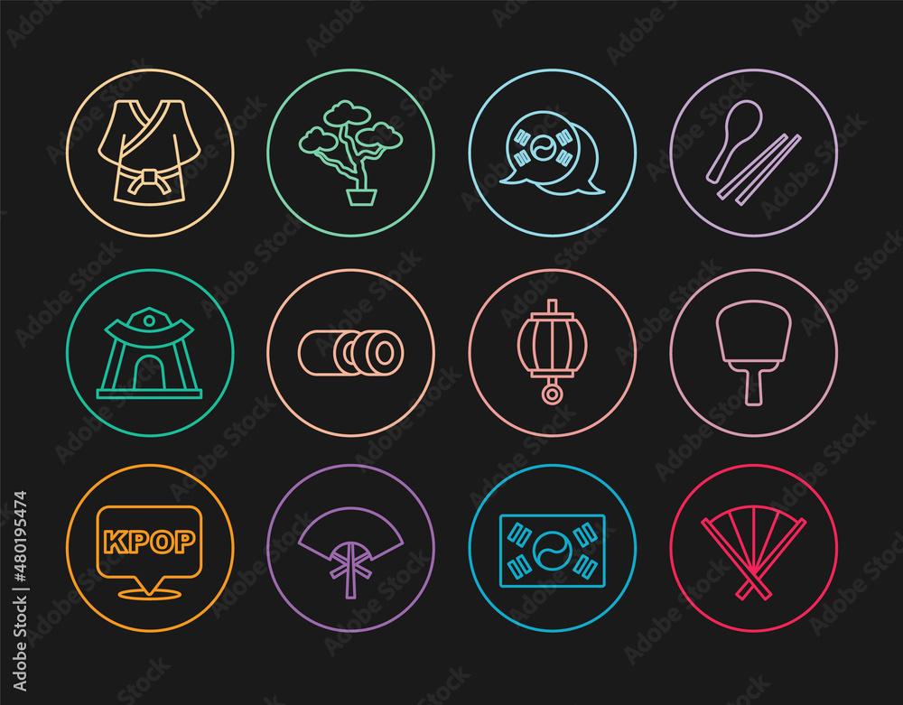 Set line Traditional fan, Korean hand, South flag, Sushi, temple, Kimono, lantern and Bonsai tree icon. Vector Set line Traditional fan, Korean hand, South flag, Sushi, temple, Kimono, lantern and Bonsai tree icon. Vector