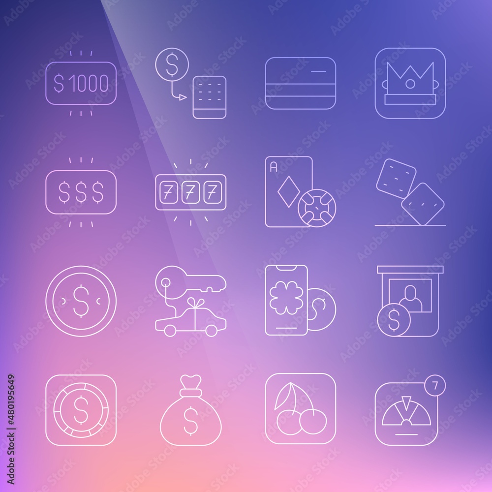 Set line Lucky wheel, Casino chips exchange, Game dice, Credit card, Slot machine with jackpot, Money prize casino, and and playing cards icon. Vector Set line Lucky wheel, Casino chips exchange, Game dice, Credit card, Slot machine with jackpot, Money prize casino, and and playing cards icon. Vector