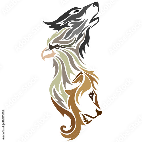 Silhouette, outlines of a wolf, eagle,lion,drawn in different colors on a white background with lines of different widths.Logo animal wolf lion and bird eagle.Vector illustration for decorative design