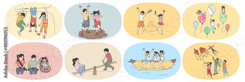 Happy small children have fun playing outdoors enjoy joyful childhood times. Smiling overjoyed little kids relax rest outside, feel playful naughty. Vacation and holiday. Vector illustration, set. 
