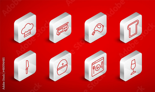 Set line Wine glass, Electronic scales, Electric mixer, Bread toast, Cooking live streaming, Chef hat, Kitchen timer and Knife icon. Vector