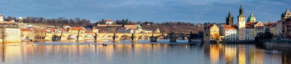 Prague in the morning, Charles Bridge against the blue sky, cityscape, panoramic shot