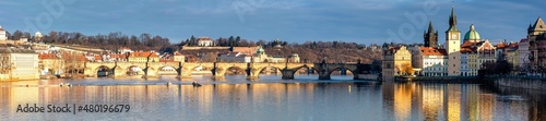 Foto Prague in the morning, Charles Bridge against the blue sky, cityscape, panoramic