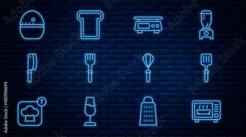 Set line Microwave oven, Barbecue spatula, Electronic scales, Fork, Meat chopper, Kitchen timer, whisk and Bread toast icon. Vector