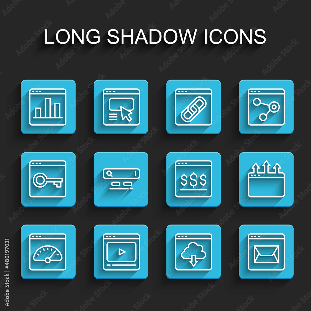 Set line Digital speed meter, Online play video, Graph chart infographic, Cloud download, Website and mail, Search engine, Browser window and shopping on screen icon. Vector Set line Digital speed meter, Online play video, Graph chart infographic, Cloud download, Website and mail, Search engine, Browser window and shopping on screen icon. Vector