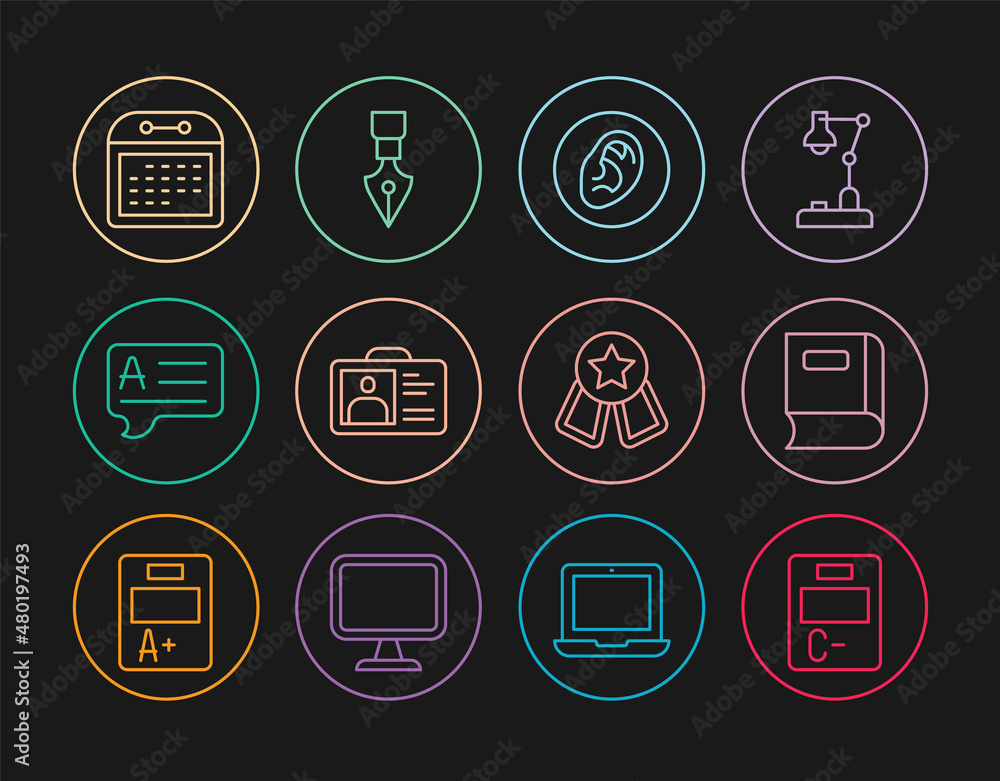 Set line Exam paper with incorrect answers, Book, Ear listen sound signal, Identification badge, Speech bubbles Answer, Calendar, Medal star and Fountain pen nib icon. Vector Set line Exam paper with incorrect answers, Book, Ear listen sound signal, Identification badge, Speech bubbles Answer, Calendar, Medal star and Fountain pen nib icon. Vector