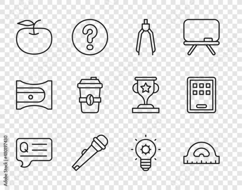 Set line Speech bubbles with Question, Protractor grid, Drawing compass, Microphone, Apple, Coffee cup go, Light bulb and Graphic tablet icon. Vector