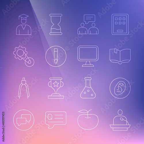 Set line Gives lecture, Ear listen sound signal, Open book, Two sitting men talking, Pencil, Timing belt kit, Graduate and graduation cap and Computer monitor icon. Vector