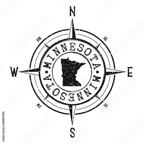 Minnesota, USA Stamp Map Compass Adventure. Illustration Travel Country Symbol. Seal Expedition Wind Rose Icon.