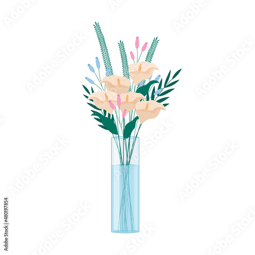 Calla Lilies flowers bouquet in glass vase isolated. Bunch of different fresh flowers and leaves plants. Vector flat illustration