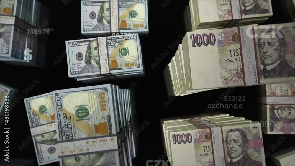 American Dollar and Czech Koruna money exchange. Banknotes pack bundle. Concept of trade, economy, competition, crisis, banking and finance. Notes loopable seamless 3d. American Dollar and Czech Koruna money exchange. Banknotes pack bundle. Concept of trade, economy, competition, crisis, banking and finance. Notes loopable seamless 3d.