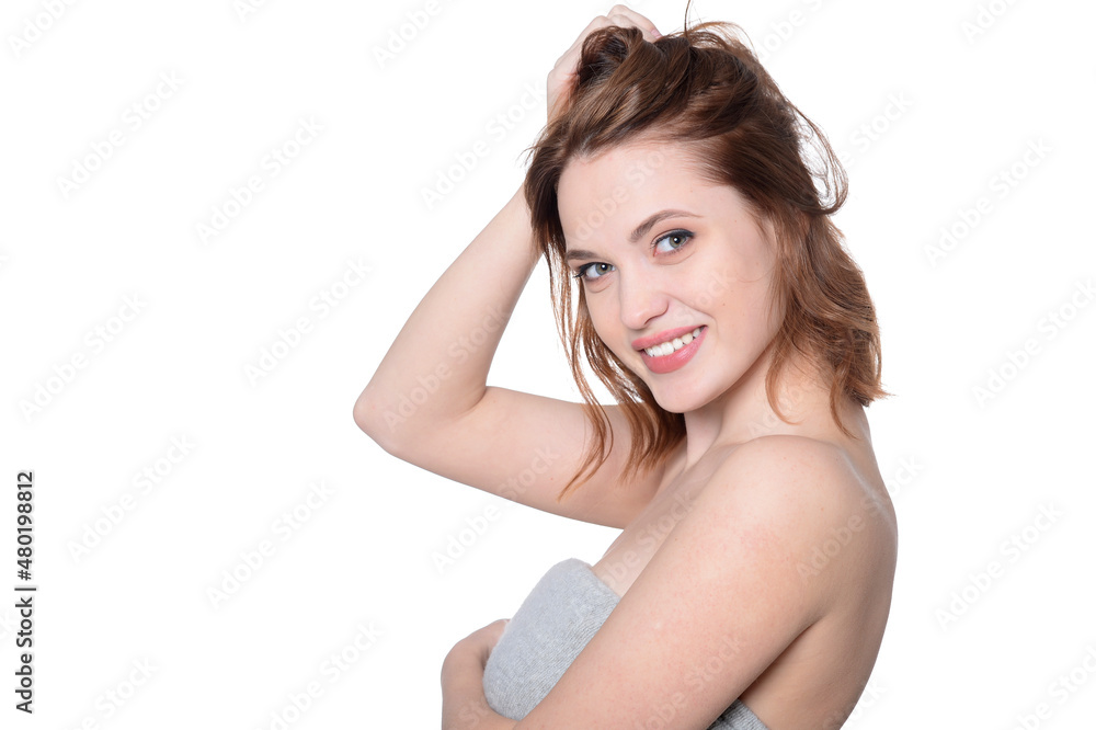 Portrait of beautiful young woman on white background Portrait of beautiful young woman on white background