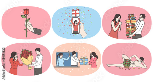 Set of loving man make surprise congratulate overjoyed wife or girlfriend with gift or flowers. Bundle of man greeting excited woman with present. Valentine day concept. Vector illustration. 