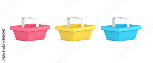 Isometric multicolored collection supermarket basket with handle comfortable carrying 3d icon vector