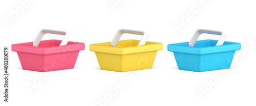 Bright plastic cart with handle shopping at grocery store carrying goods products isometric 3d icon