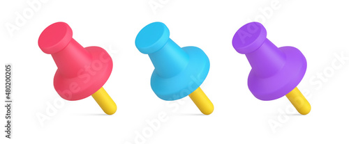 Collection colored push pin stationery attaching paper notes reminder for memory design 3d icon