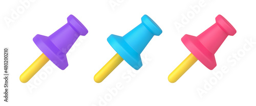 Set isometric pushpins stationery supply comfortable attaching paper documents to wall 3d icon