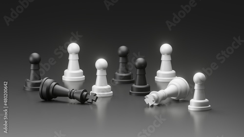 White and Black King Falling in front of Pawn with dark background. 3D illustration of chess