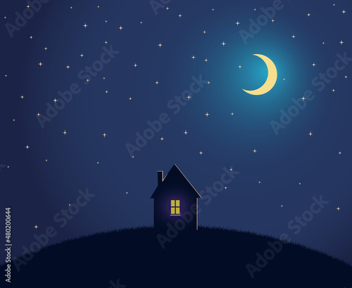 Silhouette house on hill at night. Illuminated by the light of the moon. A sky full of stars.