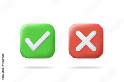 Check and cross symbols. Remove sign and approve, accepted, confirmed sign. 3d vector illustration.