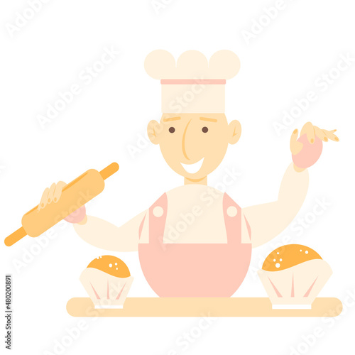 Vector illustration of a cartoon confectioner in a pink hat and apron. The confectioner bakes cupcakes. A young confectioner with a rolling pin in his hands. Isolated