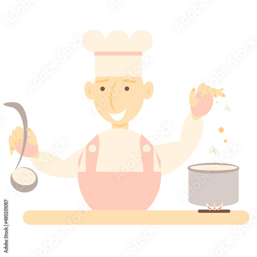 Vector illustration of a smiling chef with a ladle in his hand. The young chef prepares the broth and sprinkles the seasoning. Boy is making soup in a pink suit. Isolated.