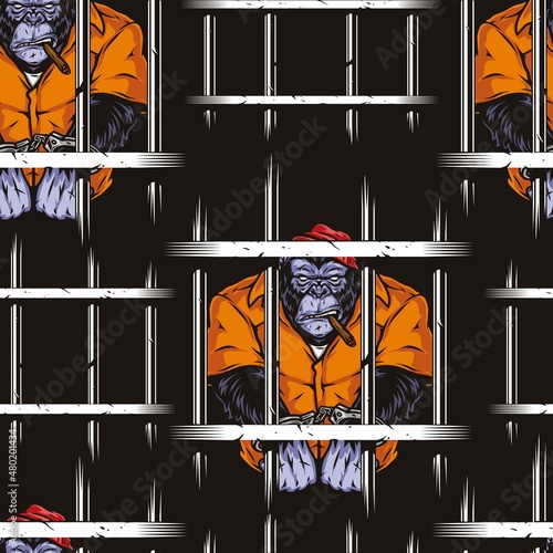 Gorilla behind jail bars seamless pattern