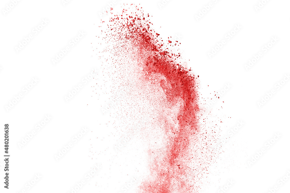 Red powder explosion on white background.. Colored cloud. Colorful dust explode. Paint Holi.