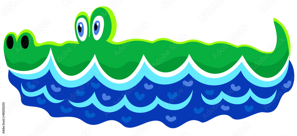 Vector bright cute illustration of crocodile, looking out of the wave. Colorful childish concept.