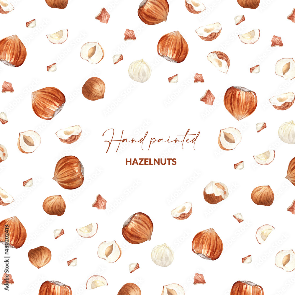 Background of watercolor hazelnuts Background of watercolor hazelnuts