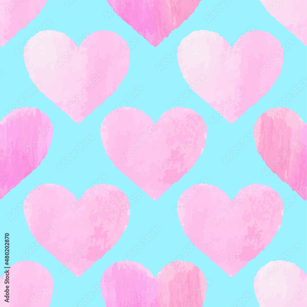 pink watercolor hearts on blue background. Hand drawn seamless pattern, vector illustration.  Texture for fabric, wrapping, wallpaper. Decorative print.