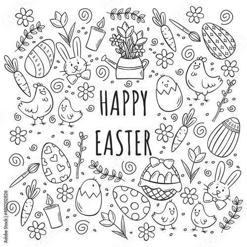 Hand drawn icons set of Easter elements in doodle sketch style. Vector illustration for icon  background  frame design.