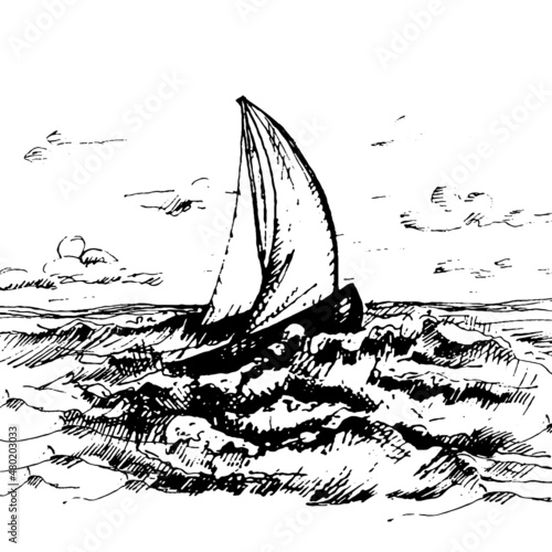 Yacht floating on the sea waves. Vector vintage hatching black illustration. Isolated on white