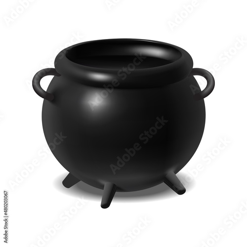 3d realistic icon. Black witch cauldron. Isolated on white background.