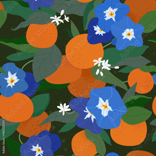 Mandarins, flowers and leaves around. Citrus tree with blue pansy seamless pattern. Botanical aesthetic on hand drawn colored vector illustration. For wallpapers, textile or wrapping paper