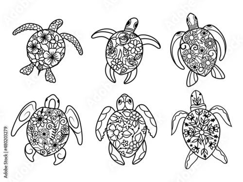 Set of sea turtles with flowers. Collection of floral tropical underwater inhabitants with armor. Undersea world. Vector illustration for children. Tattoo.