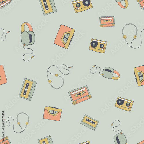 Vector nostalgic 80s 90s retro cassette tape, walkman, and headphones seamless repeat pattern background. Perfect for fabric, wallpaper, wrapping paper, scrapbooking projects.
