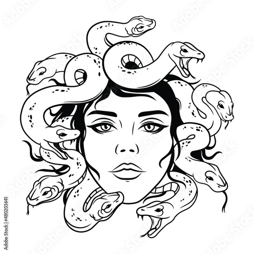 Illustration of Medusa Gorgon. Portrait of a Greek goddess with a woman's face and snakes instead of hair. Fantastic creature. Mythology. Tattoo. Vector graphics for design.