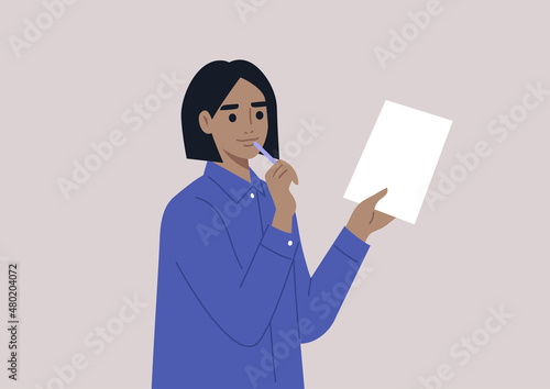 A young puzzled female Caucasian character coming up with a decision